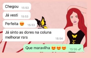 Conversa no WhatsApp: cliente diz que a cinta chegou, ficou perfeita e já sente as dores na coluna melhorarem