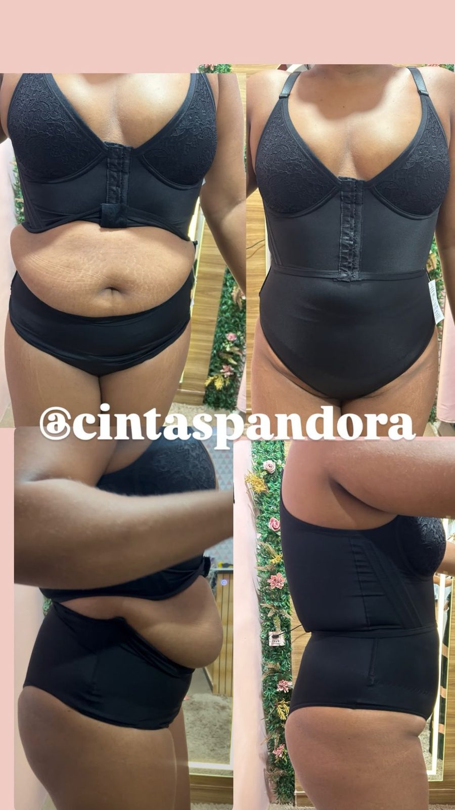 Cliente antes e depois com o body modelador preto, de frente e de lado