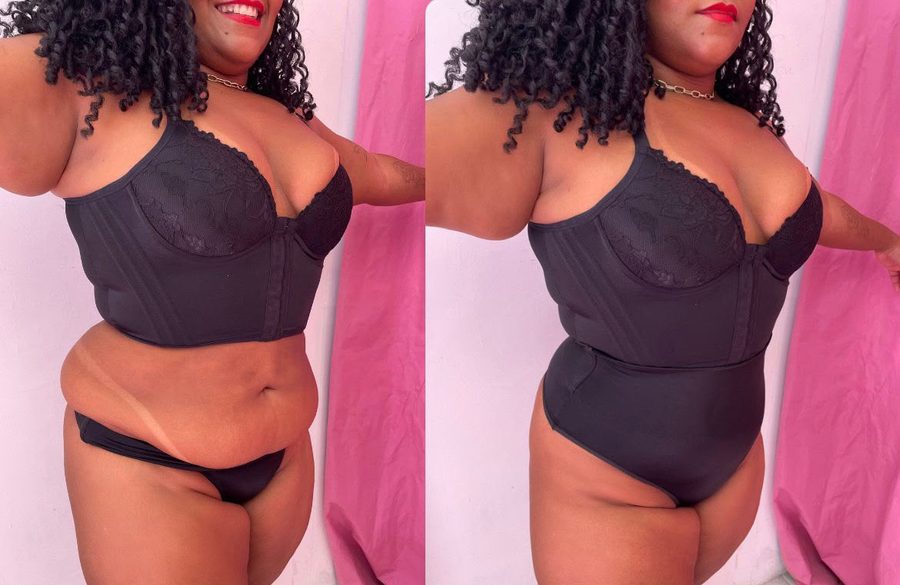 Cliente de lado antes e depois de vestir a calcinha modeladora